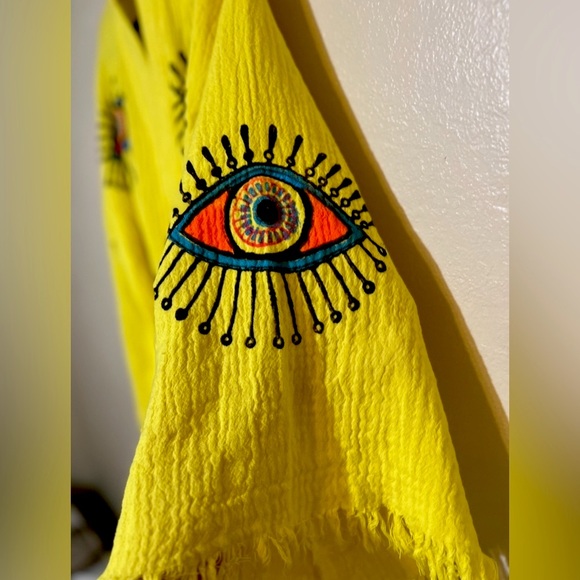 🔴SOLD LOCALLY🔴 YELLOW EVIL EYE LONG KAFTAN/KIMONO! NWT - Picture 7 of 9